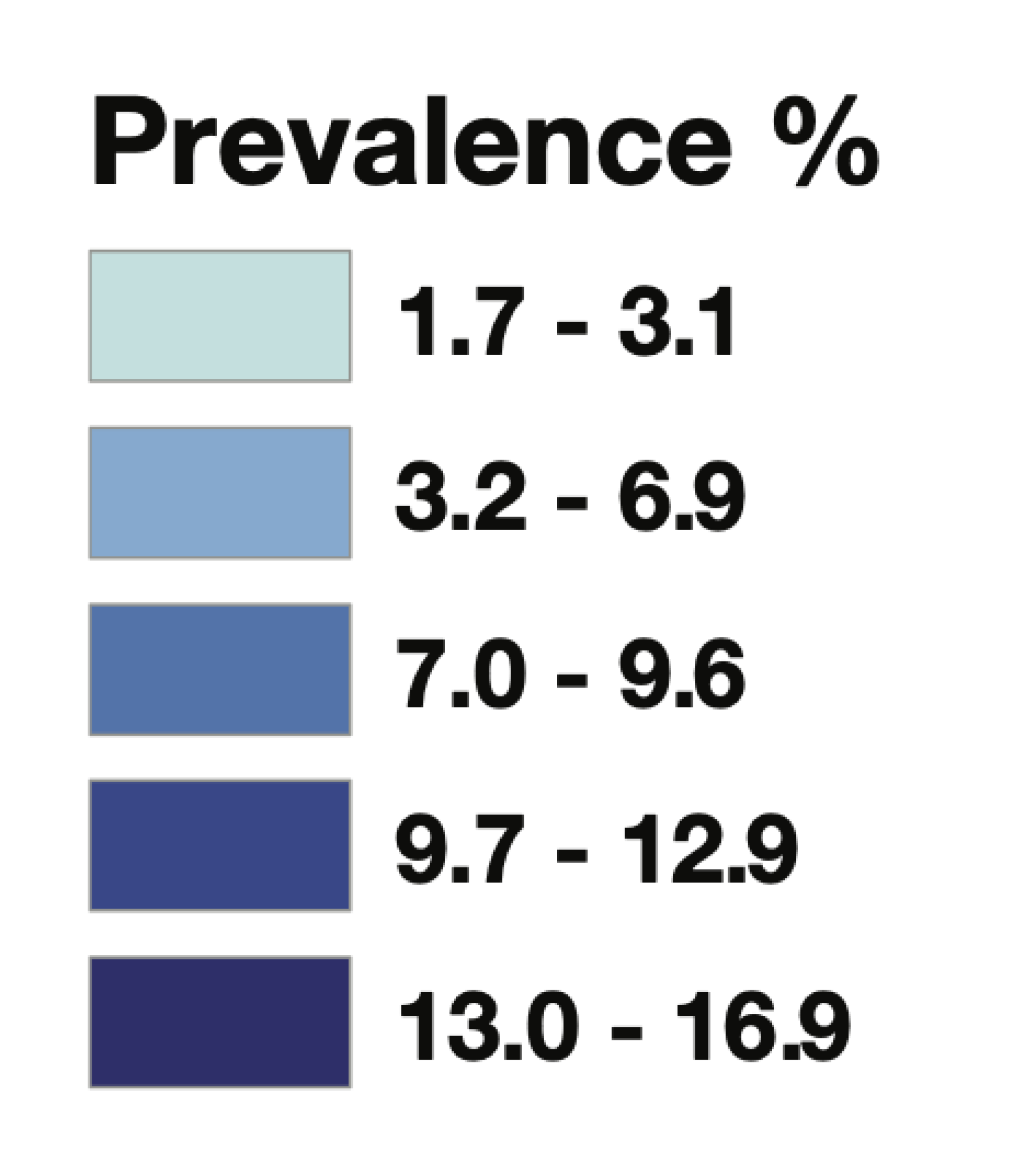 Map key for Diabetes prevalence by UHF neighborhood: age-adjusted percentage, ages       18+ (2002-2004)